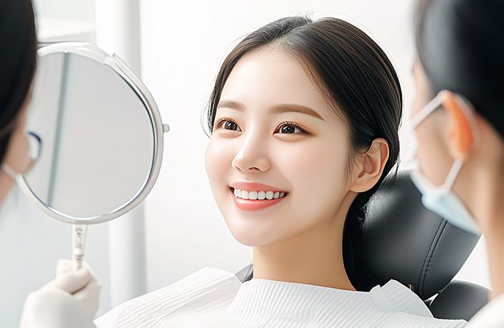 치료 결과에 만족하며 거울로 웃는 환자의 밝은 미소