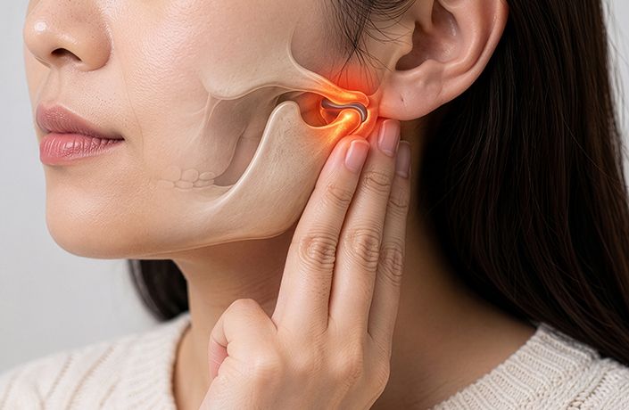 턱관절 통증 부위를 3D 그래픽으로 표현한 턱관절과 저작근 구조